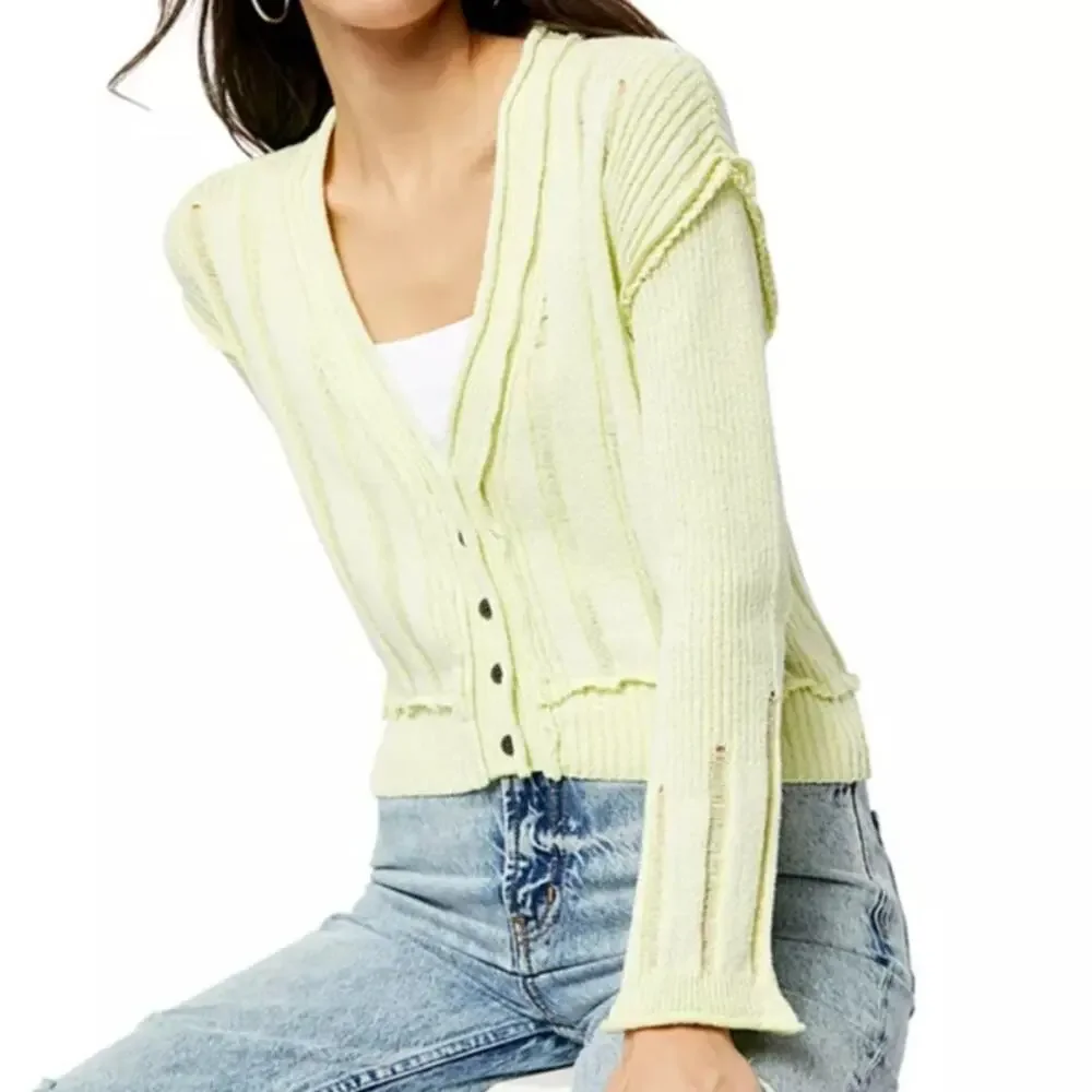Free People Stevie Distressed Cardigan XS Lime Green Slouchy Cropped Sweater